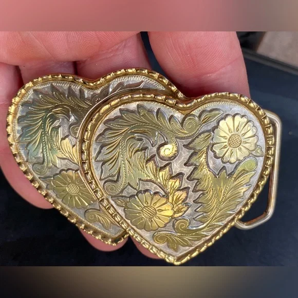 Vintage Mini Silver/Gold Double Floral Belt Buckle - Picture 1 of 10